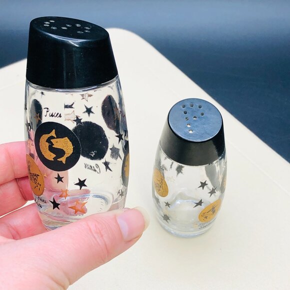 Vintage VAN PAK Zodiac Sign Stars Glass Salt Pepper Shaker Set Made in Canada - Picture 9 of 12